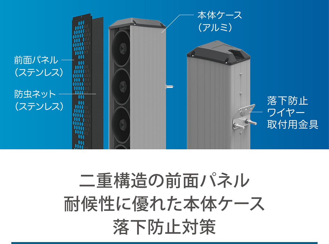 二重構造の前面パネル耐候性に優れた本体ケース落下防止対策